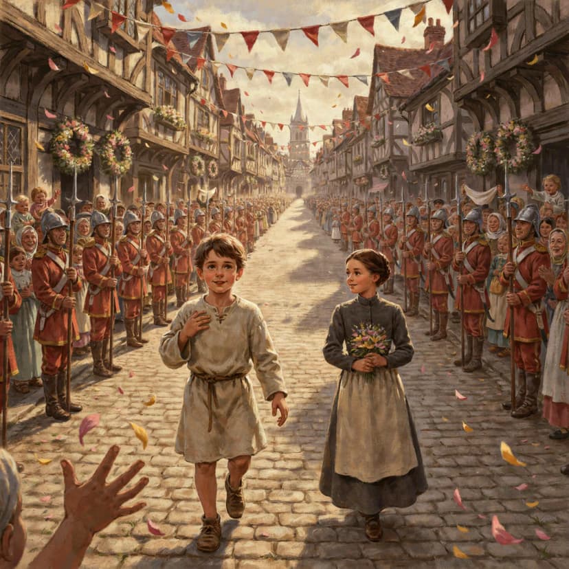 A jubilant crowd celebrates the arrival of the young King during his grand procession.