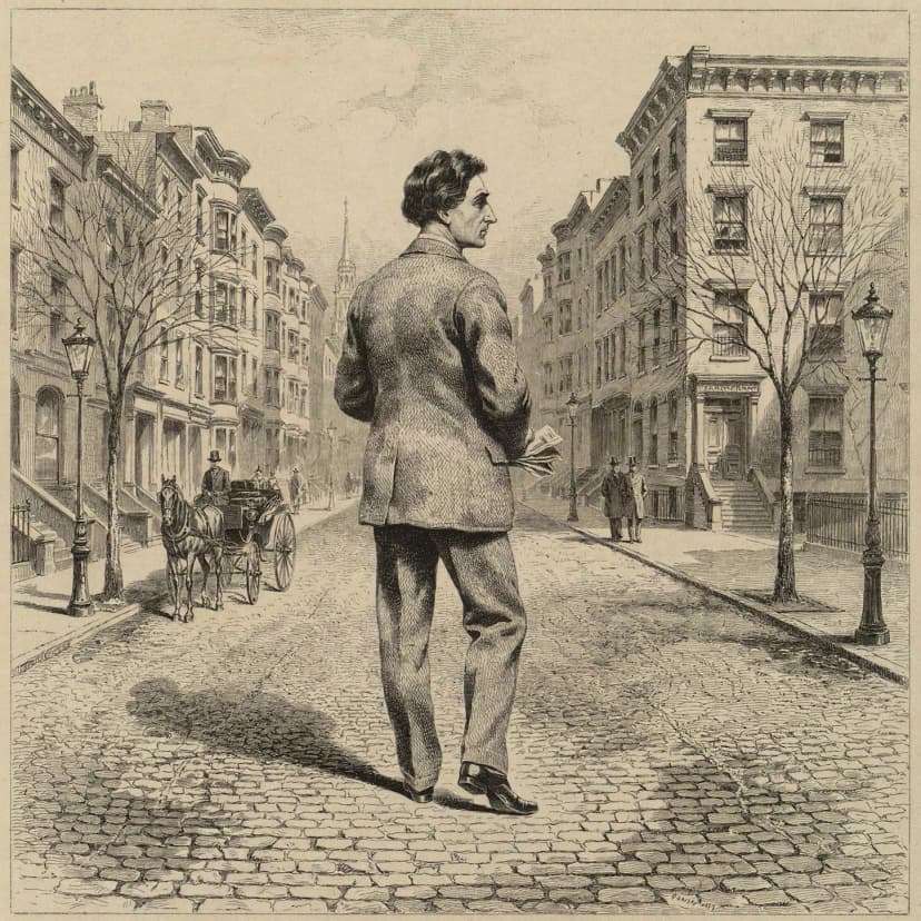A quiet moment as the narrator walks away from Dr. Archer's house in New York.