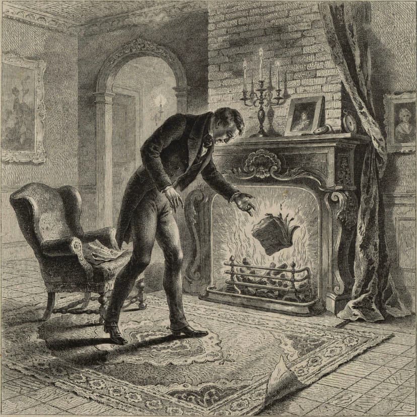 A book falls open in the firelight, drawing the narrator into a moment of intense obsession.